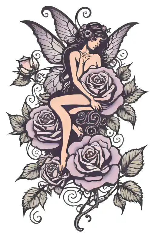 silhouette fairy sitting on top of four purple roses blooming tattoo design idea