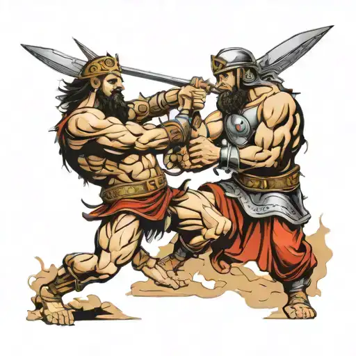 David and Goliath battle scene tattoo design idea