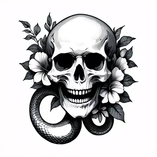 skull with vampire teeth snake flowers tattoo design idea