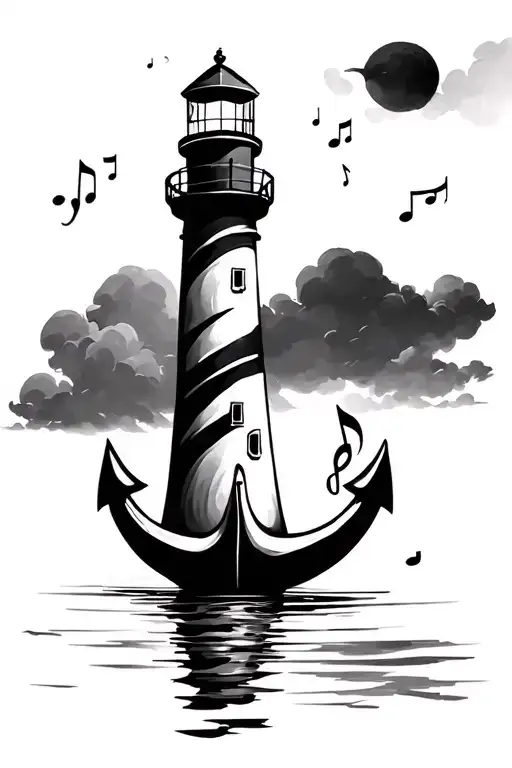 Sea, lighthouse, music, anchor tattoo design idea