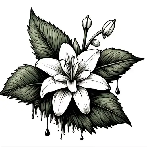 aged wooden door-lily of the valley climbing up side w/ drops falling off the leaf onto the door. bed of spices bottom tattoo design idea