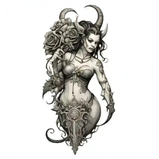 succubus girls fight with demons and roses and ornaments gothic tattoo design idea