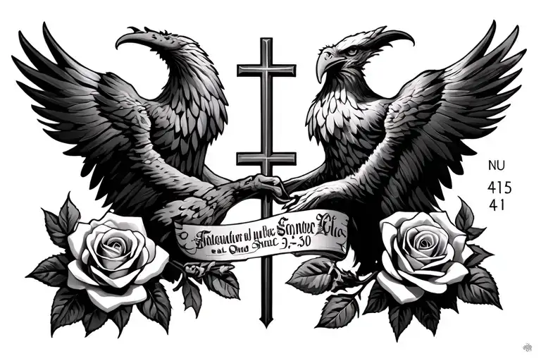 roses,demon,nu mber 15 and 41 and 30 , cathlic cross, eagle, written word sonder, tattoo design idea
