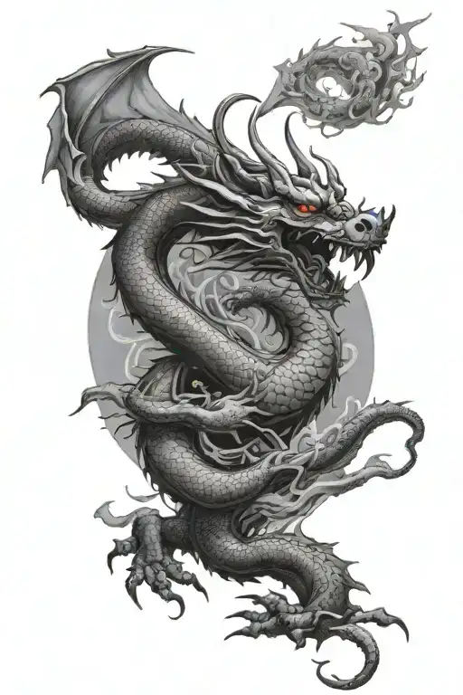 dragon, japanese temple, japanese samurai, bloodmoon with smoked backround effects  tattoo design idea