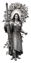 very very  old Celtic man  posing holding a sword  and the woman is surrounded in a circle of roses tattoo design idea