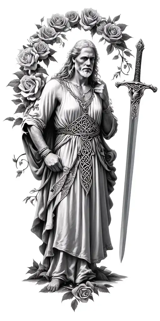 very very  old Celtic man  posing holding a sword  and the woman is surrounded in a circle of roses tattoo design idea