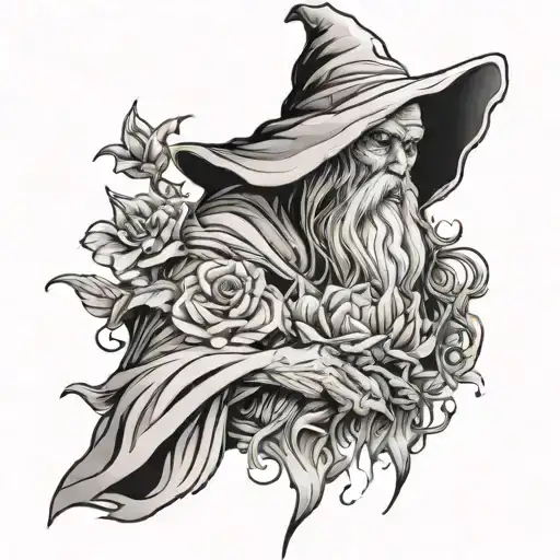 wizard full body a healer olding a flower tattoo design idea