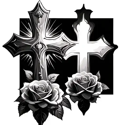 3 crosses with roses and sunlight shining light tattoo design idea