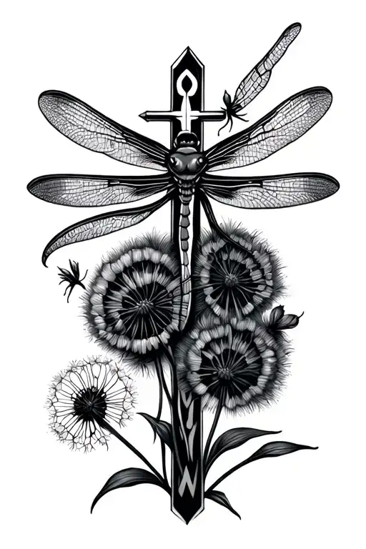 simple greek cross with dragonfly and dandelion tattoo design idea