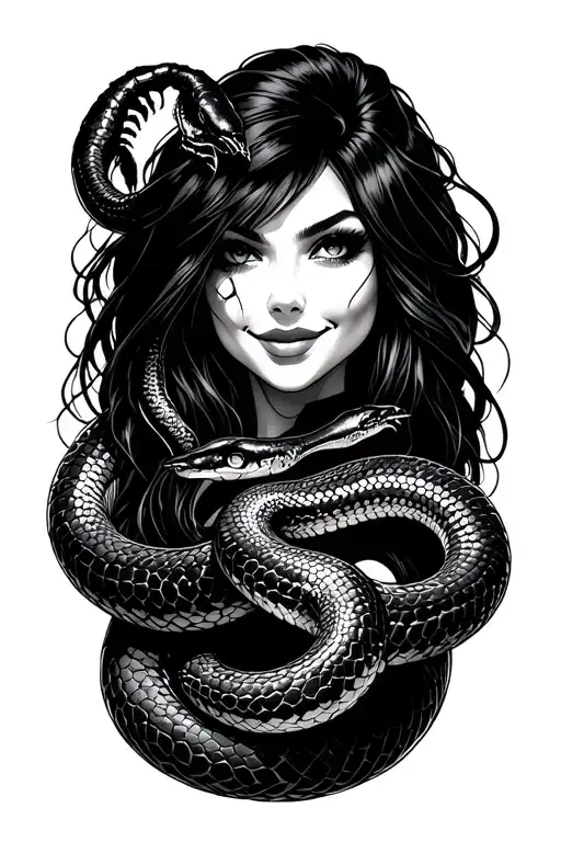 scorpian, black widow snake feminine smile now cry later tattoo design idea