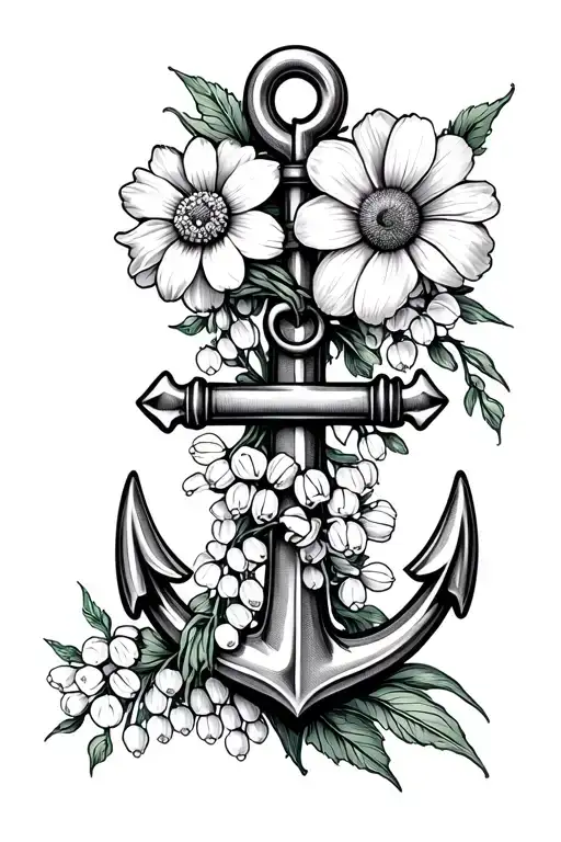 anchor with marigold, daffodil, daisy, lily of the valley tattoo design idea