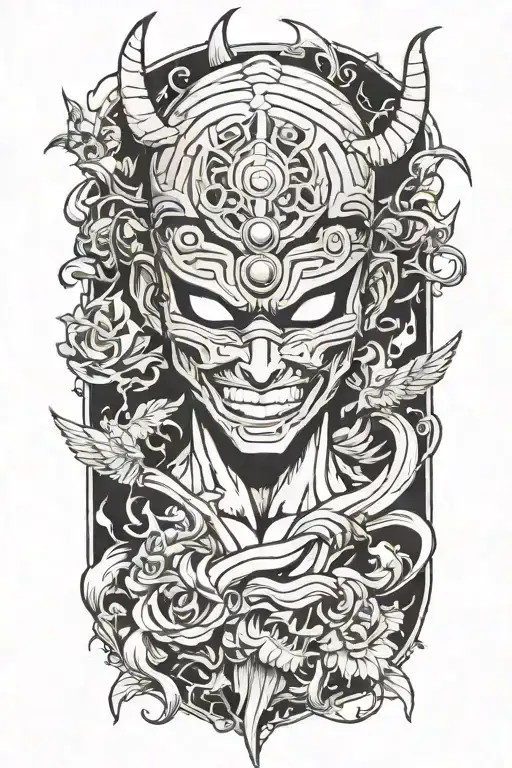 anime character wearing a mask fighting off inner demons tattoo design idea