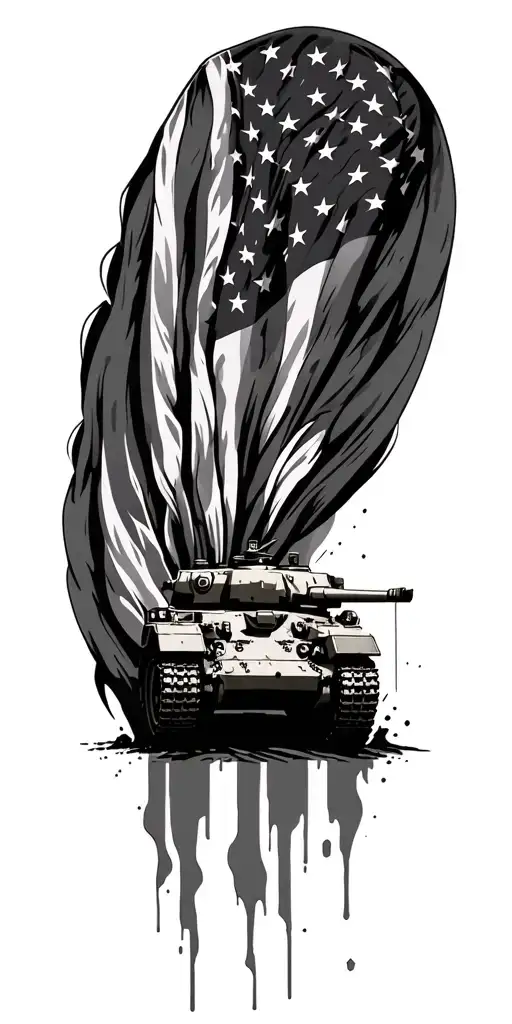American flag with army tank surrounded tattoo design idea