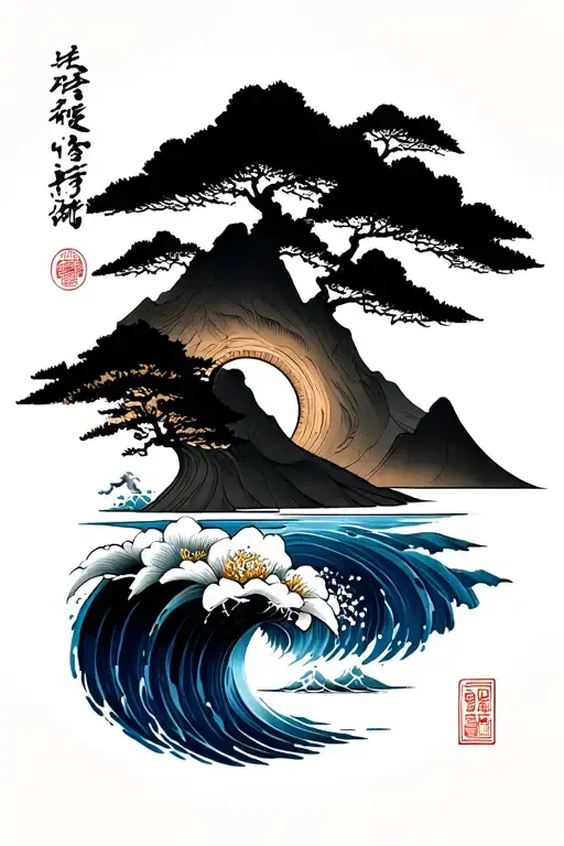 Japanese style of the mountain, water tattoo design idea