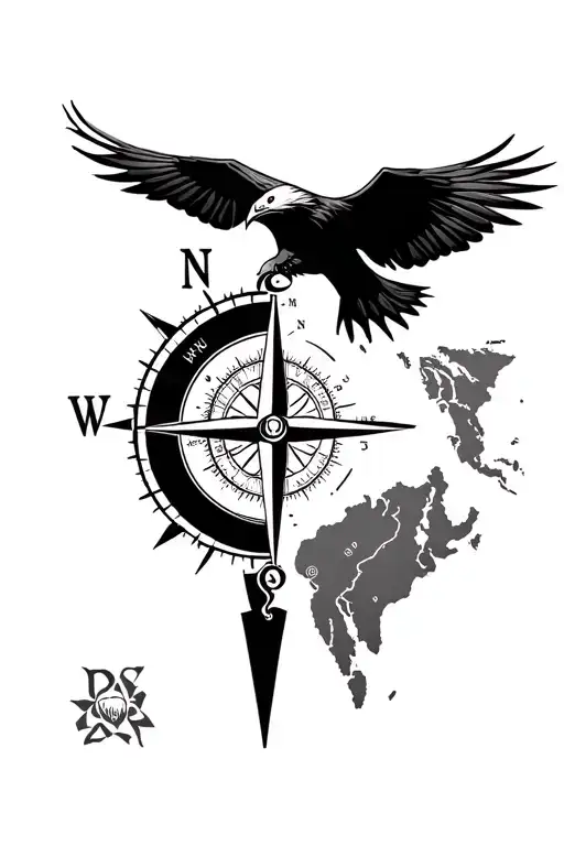 tatto of a minimalist compass with integrated map of indian punjab and aggressive eagle flying above also include mounta tattoo design idea