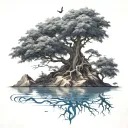 tree of life on floating island with guy siting on the edge of the island and heart in the middle on the island   tattoo design idea