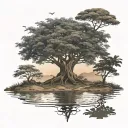 tree of life on floating island with guy siting on the edge of the island and heart in the middle on the island   tattoo design idea