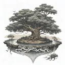 tree of life on floating island with guy siting on the edge of the island and heart in the middle on the island   tattoo design idea