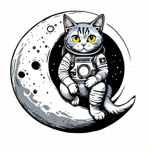Tattoo Gray Cat Briton in an astronaut with yellow eyes sitting on a round moon on top tattoo design idea