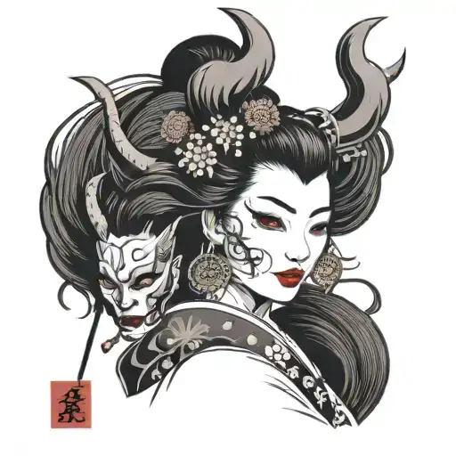 geisha with oni mask split in half tattoo design idea
