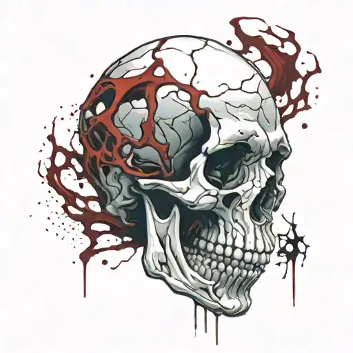 White Skull, Cracked, Bloody, No Jawbone, no bottom teeth, melting, decrepit Dark red blood, tattoo design idea