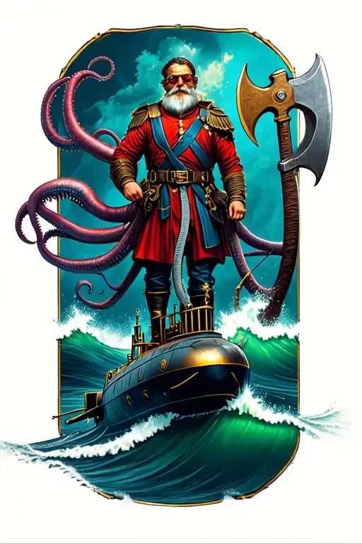captain nemo standing atop submarine, axe in hand, amid the waves, waiting for the giant squid to strike tattoo design idea