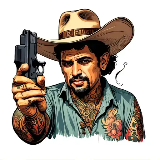 A Chicano-style Latin American man wearing a panama hat and shirt does a raspltsovka. he's holding a Glock-19 and smokin tattoo design idea