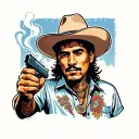 A Chicano-style Latin American man wearing a panama hat and shirt does a raspltsovka. he's holding a Glock-19 and smokin tattoo design idea