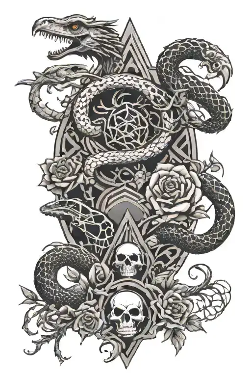 tree snake one pyramid black eagle waterfalls eyeball wheelchair sun, moon ,whale, dragon emersing, yinyang skull roses tattoo design idea