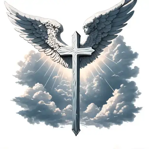 cross with angel wings,clouds in the background, with rays of light shining through the clouds tattoo design idea