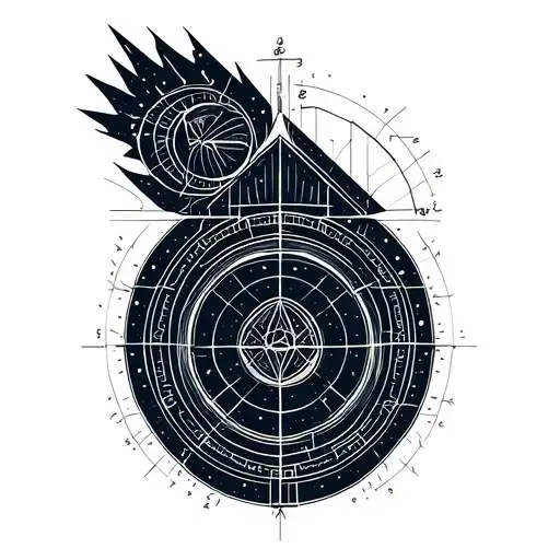 Generate a geometric tattoo design for a man's left arm, incorporating celestial and mathematical elements.  tattoo design idea