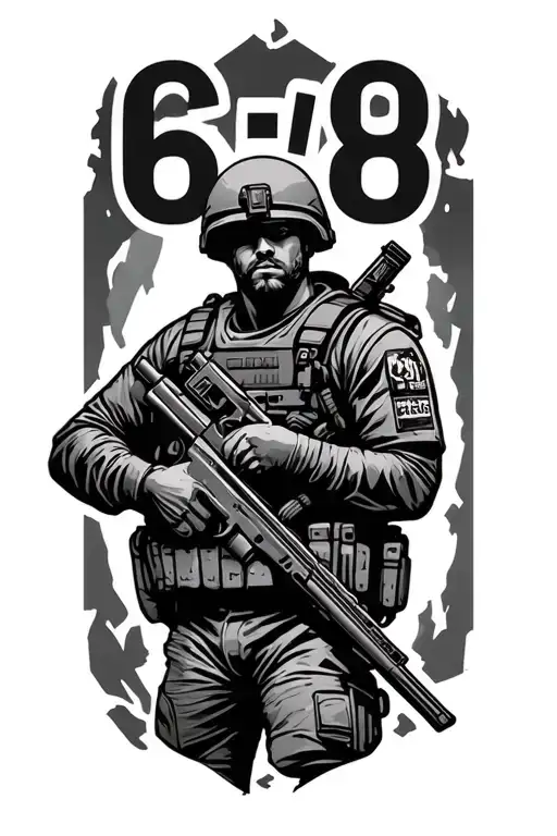 "6:8" "6:8" modern soldier holding a gun tattoo design idea