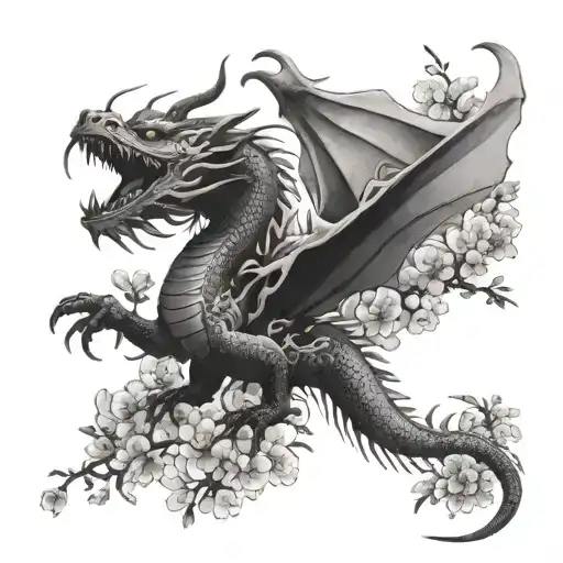 an asian dragon flying through japanese cherry blossoms tattoo design idea