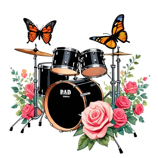 drum kit and butterflies with roses mum and dad tattoo design idea