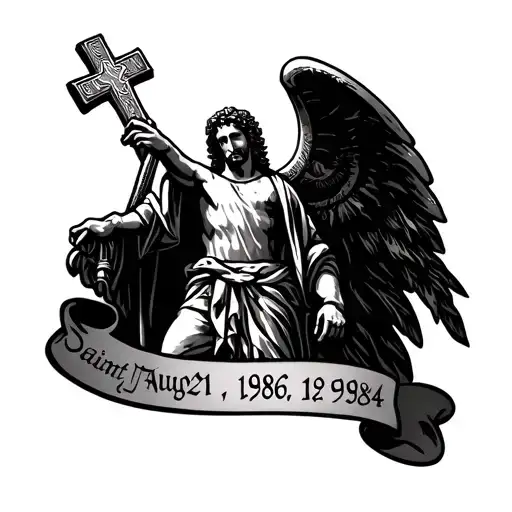 saint micheal with cross and date august 21, 1986 and december 7, 1984 in roman numeral tattoo design idea