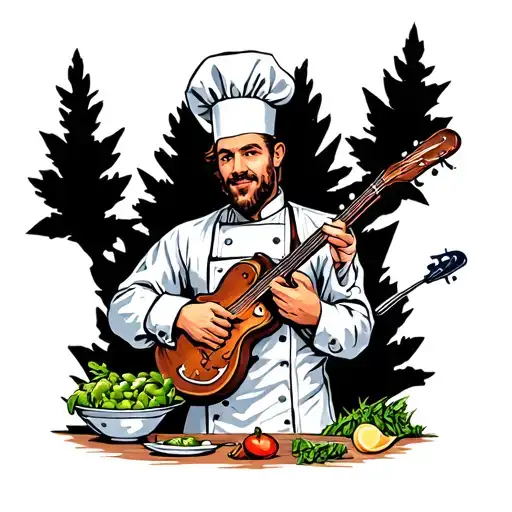 A French chef cooking with ingredients found in nature, surrounded by bluegrass instruments tattoo design idea