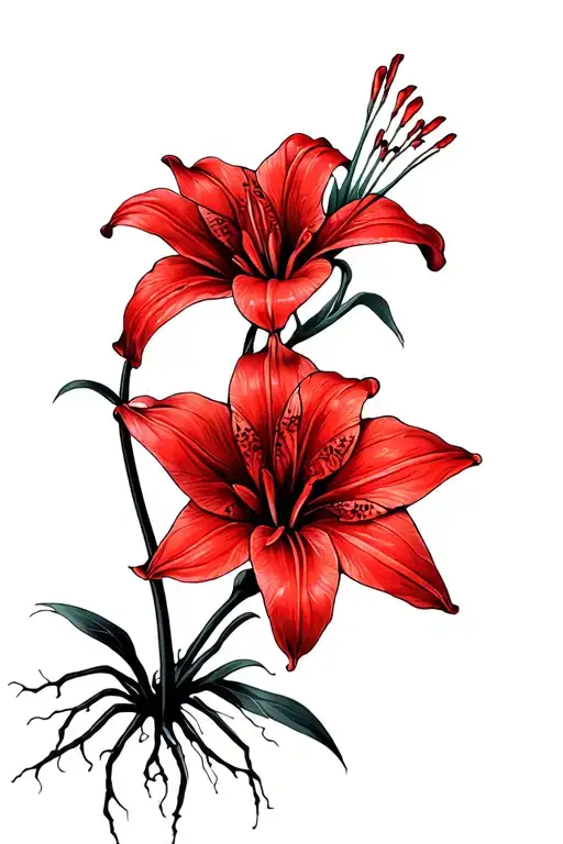 back tattoo that covers most of the back of a red Japanese spider lily with a black stem and have roots that turn tattoo design idea