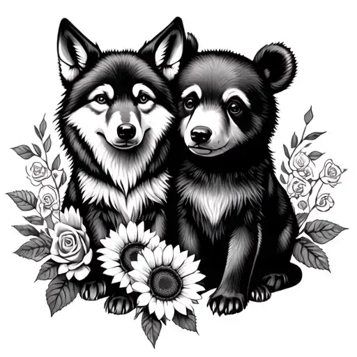 baby wolf and baby bear sitting with sunflowers and roses. black  tattoo design idea