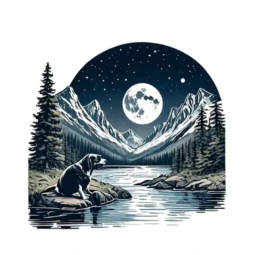man looking at river mountain river moon star camping dog tattoo design idea