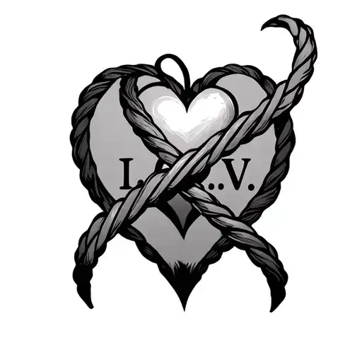 A whip in the form of an infinity sign, above it a heart with the initials of I.V., Rosa crosses an infinity sign diagonally tattoo design idea