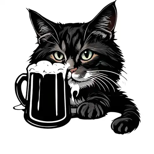 drunk cat drink beer mug tattoo design idea