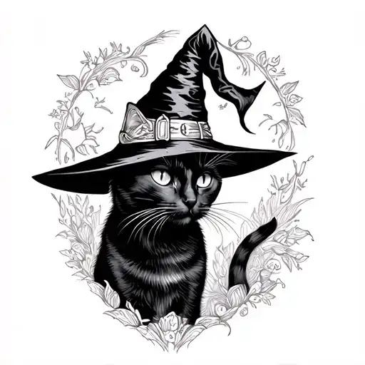 black cat wearing a witch hat tattoo design idea