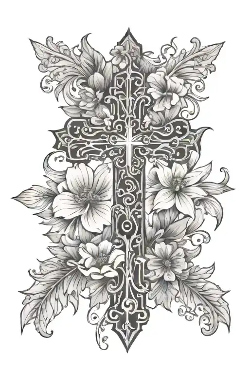 cross and floral tattoo design idea