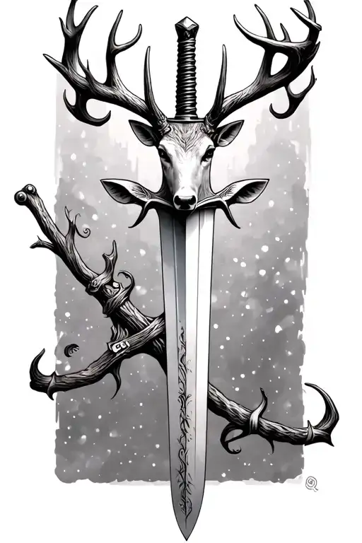 very thin swords wrapped  with deer head handle small leaves tattoo design idea