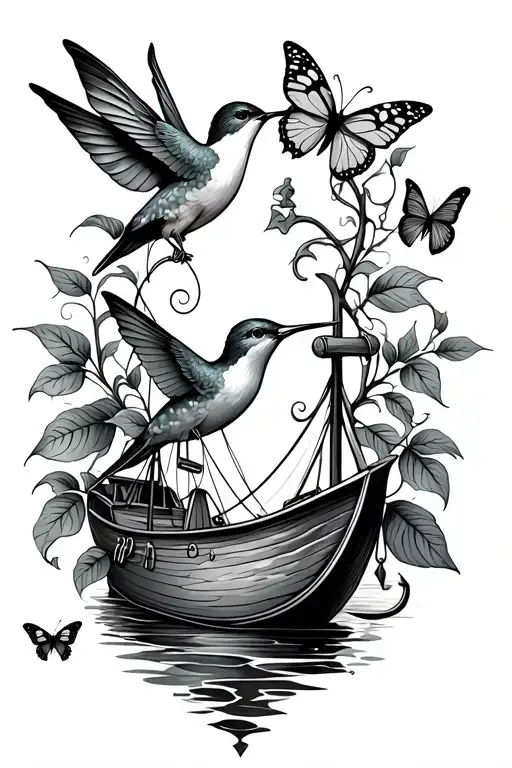  Elliptical leaves, more like a vine, 1 humming bird on the wrist,butterflies all around and a boat anchor on shoulder tattoo design idea