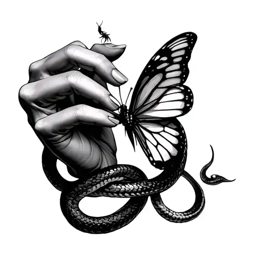 A hand with a butterfly on the finger and snakes going around the arm  tattoo design idea