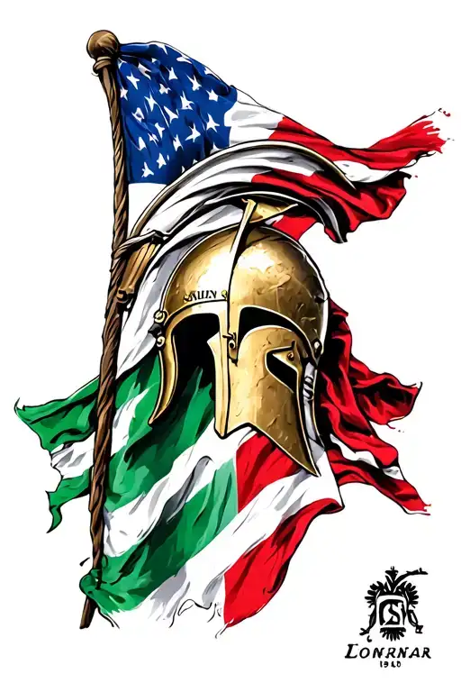 Italian and American flag intertwined with Spartan helmet tattoo design idea