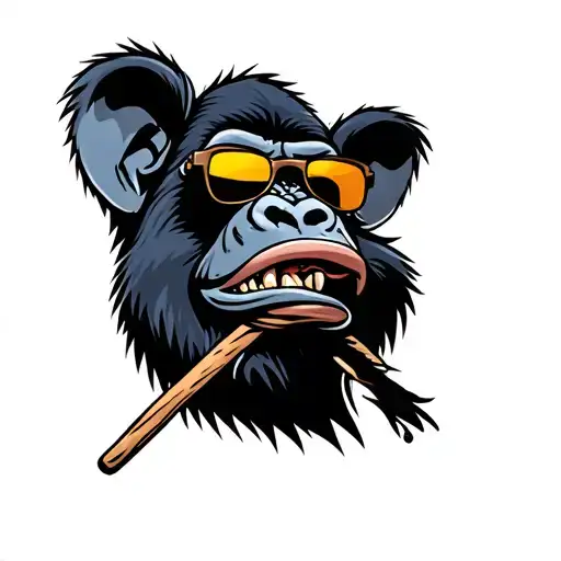 goofy gorilla wearing sunglasses, with a pierced lip and ears, biting a splintered wooden toothpick in full color tattoo design idea