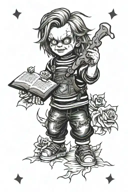 chucky with roses and a bible verse   tattoo design idea