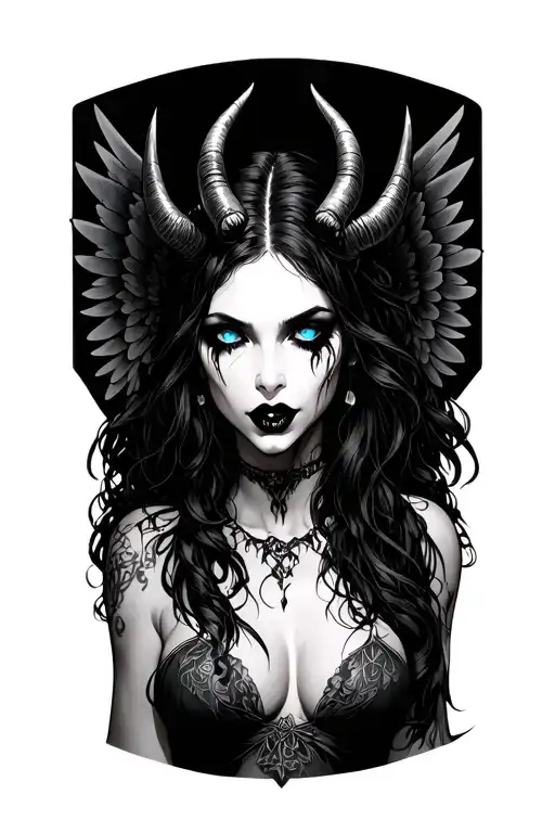 Lilith with wings and horns, naked, vampire teeth, blue eyes, black fine line gothic style tattoo design idea
